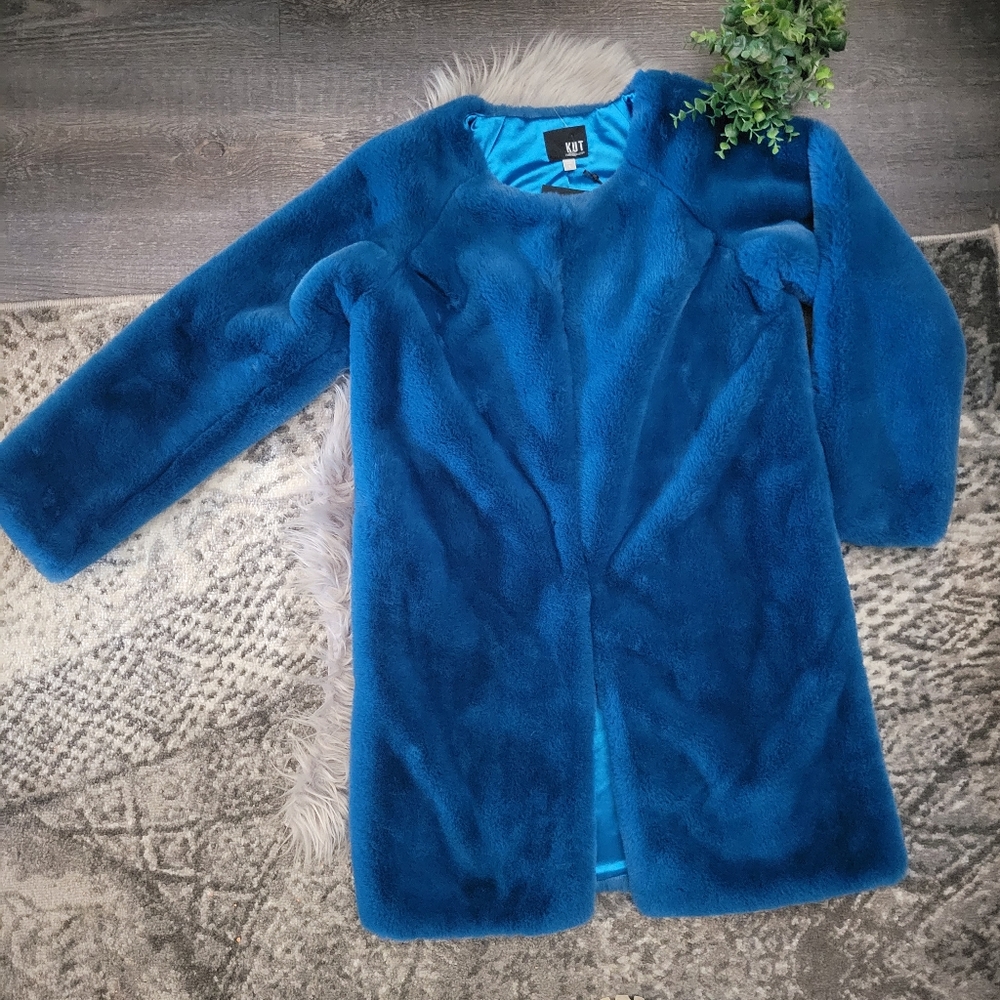 Kut From The Kloth Midnight Blue Faux Fur Midi coat Size Small  NWT - Picture 10 of 15